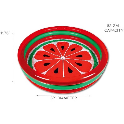  Hoovy Easy Set Up Inflatable Blow Up 59" X 11.75" 3 Ring 53 Gallon Capacity Watermelon Style Portable Kiddie Swimming Pool Toy For Kids And Adults