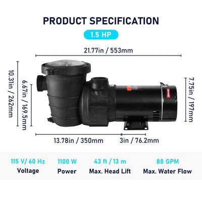  VEVOR Swimming Pool Pump 1.5HP 115V 1100W, Single Speed Pumps For Above Ground, Powerful Pool Pumps With Strainer Filter Basket, 5280 GPH Max. Flow