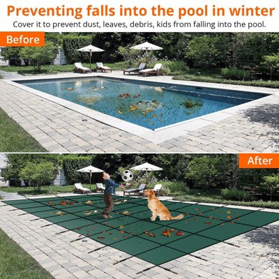  Pool Safety Cover Fits 18x36ft Inground Pool, Ultra-Dense Rectangle Pool Cover Green Mesh SolPool Safety Net And Installation Tools, 20x38ft