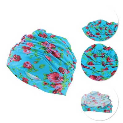  Unique Bargains Polyester Peony Flower Pattern Swim Cap 5.91"x9.25" Lake Blue Red 1 Pc