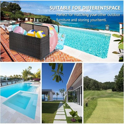  Double-Layer Poolside Float Storage Box With PE Rattan Design, Outdoor Rolling Pool Caddy For Patio, Durable Beach And Pool Storage Solution
