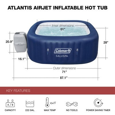  Coleman SaluSpa 4 Person Square Portable Inflatable Outdoor Hot Tub Spa Bundle With SaluSpa Pool Filter Pump Type VI Replacement Cartridge (3 Pack)