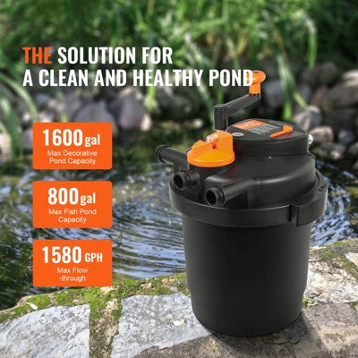  VEVOR Bio Pressure Pond Filter, Up To 1600 Gallons, With 13W UV-C Light, 1580 GPH, Pressurized Biological Pond Filter System Filtration Equipment