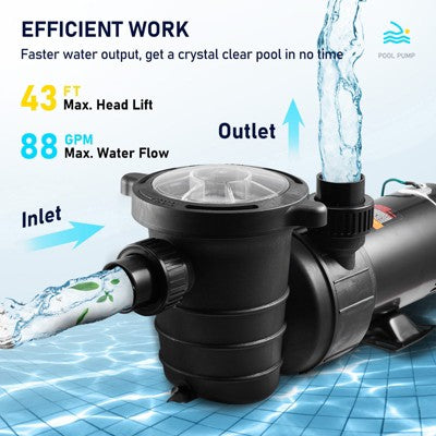  VEVOR Swimming Pool Pump 1.5HP 115V 1100W, Single Speed Pumps For Above Ground, Powerful Pool Pumps With Strainer Filter Basket, 5280 GPH Max. Flow