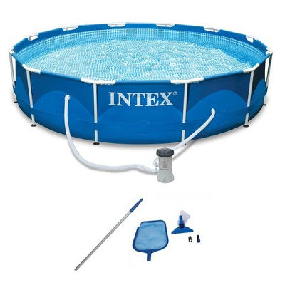  Intex 12' X 2.5' Round Pool W/ Filter Pump & Pool Cleaning Kit W/ Vacuum & Pole