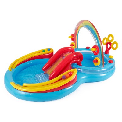  Intex 9.75 X 6.3 Foot Rainbow Ring Inflatable Play Center Pool With Water Slide And Small Plastic Multi-Colored Fun Ballz For Ball Pit, 100 Pack