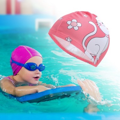  Unique Bargains Kid's Polyester Cat Pattern Swim Cap Rose Red White 1 Pc