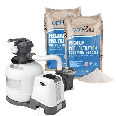  Intex 26647EG Krystal Clear 2800 GPH Sand Filter Pump For Above Ground Pools Bundled With OptiFlow 2 Pack Premium Pure Silica Filter Sand, 50 Lb Bags