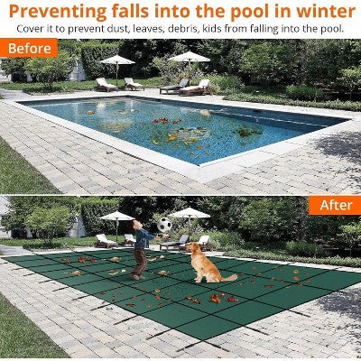  Heavy-Duty Ultra-Dense Safety Pool Cover 22x42ft For Inground Pools With Center Steps, Comes With Installation Tools, Strong And Safe Pool Barrier