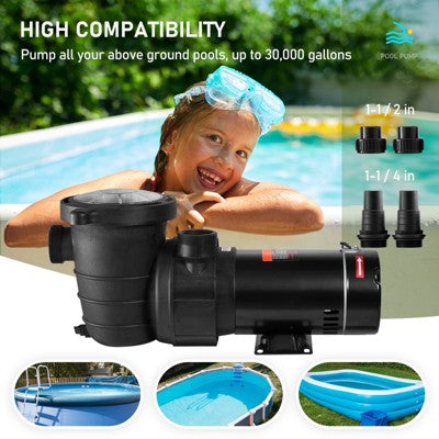  VEVOR Swimming Pool Pump 1.5HP 115V 1100W, Single Speed Pumps For Above Ground, Powerful Pool Pumps With Strainer Filter Basket, 5280 GPH Max. Flow