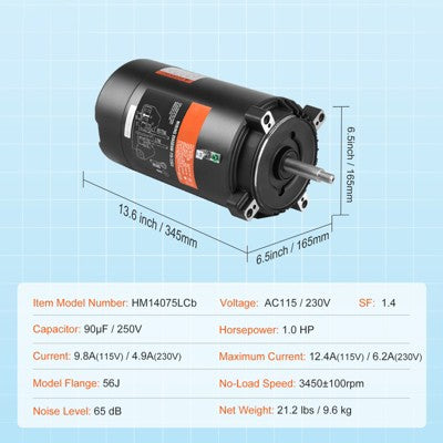  VEVOR 1 HP Pool Pump Motor, 56J Frame, 115V(9.8 Amps)/230V(4.9 Amps) 3450 RPM, 60Hz, 1.4 Service Factor, 90μF/250V Capacitor