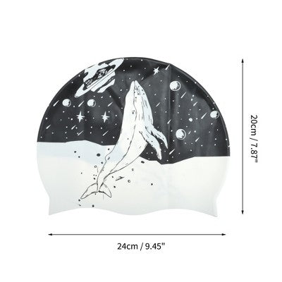  Unique Bargains Silicone Waterproof Kunpeng Print Swim Cap Black White 1 Pc
