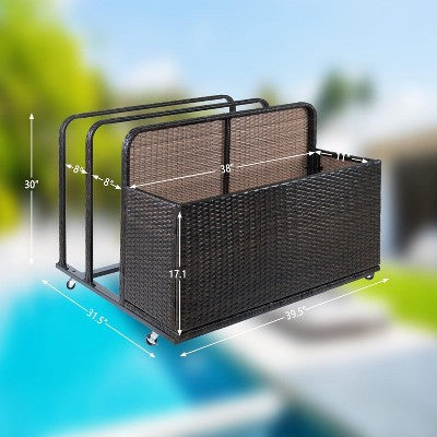  Outdoor Poolside Float Storage, Wicker Patio Poolside Storage Basket, Pe Rattan Rolling Pool Caddy With Wheels, Fade Resistant, Pool Toy Storage Bin