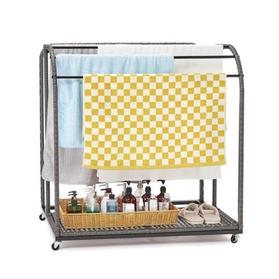  ODK Towel Rack, 5 Bar Pool Towel Rack With Rattan Base, Outdoor Towel Rack, Storage Organizer With Compartment For Outdoor/Indoor
