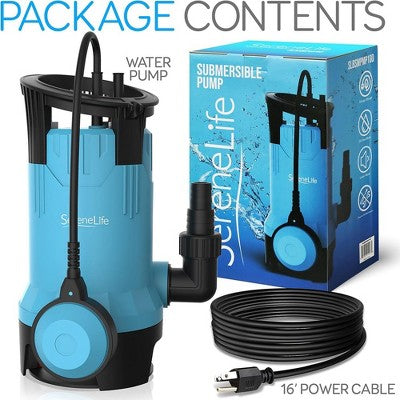  SereneLife Electric Submersible Water Pump - 750W, 3302 GPH, Auto Float Switch, Blue