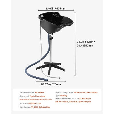  VEVOR Portable Shampoo Bowl, Deep Shampoo Sink For Washing Hair With Adjustable Height And Angle, Includes Drain Hose, Shower Head, Black