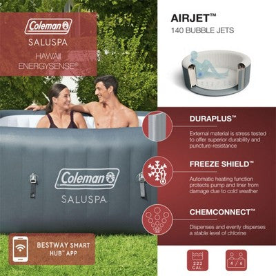  Bestway Coleman Hawaii AirJet Inflatable Hot Tub With EnergySense Cover + Bestway SaluSpa Underwater Non Slip Pool And Spa Seat With Adjustable Legs