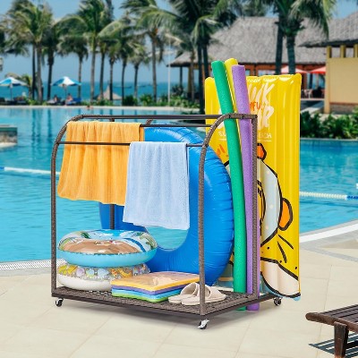  Garvee Towel Rack, 5 Bar Pool Towel Rack With Rattan Base, Outdoor Towel Rack, Storage Organizer With Compartment For Outdoor/Indoor