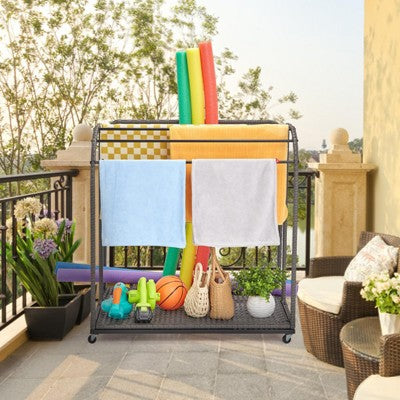  ODK Towel Rack, 5 Bar Pool Towel Rack With Rattan Base, Outdoor Towel Rack, Storage Organizer With Compartment For Outdoor/Indoor
