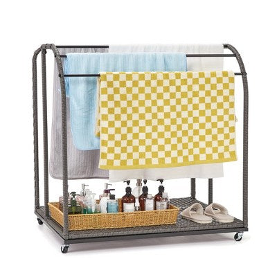  Garvee Pool Towel Rack Outdoor With Rattan Base,5 Bar Free Standing Poolside Beach Towel,Rattan Weaving Outdoor Towel Rack, Gray