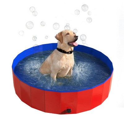  Portable Plastic Pool For Dogs - 47-Inch Diameter Foldable Pool With Carrying Bag - Large Pet Pool With Drain For Bathing Or Play By PETMAKER (Red)