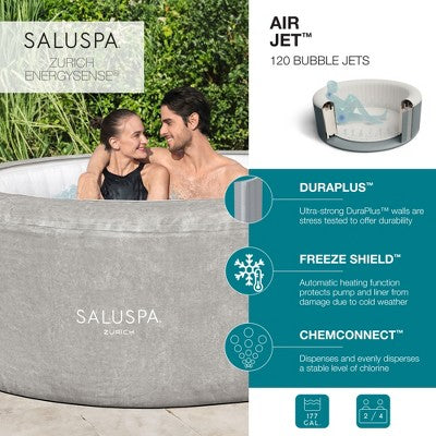  Bestway SaluSpa Zurich AirJet 2 To 4 Person Inflatable Hot Tub Round Portable Outdoor Spa With 120 Soothing Jets And Cover, Gray