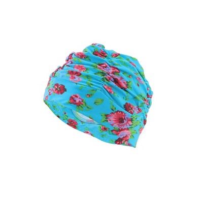  Unique Bargains Polyester Peony Flower Pattern Swim Cap 5.91"x9.25" Lake Blue Red 1 Pc
