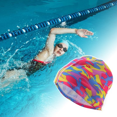  Unique Bargains Polyester Camouflage Pattern Swim Cap 5.91"x9.25" Red Blue Yellow 1 Pc