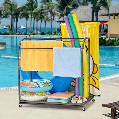 Garvee Pool Towel Rack Outdoor With Rattan Base,5 Bar Free Standing Poolside Beach Towel,Rattan Weaving Outdoor Towel Rack, Gray