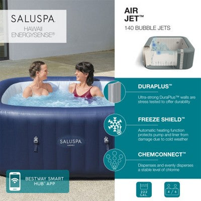  Bestway SaluSpa Hawaii AirJet 6 Person Square Inflatable Hot Tub W/140 Jets & EnergySense Cover, Blue & Non Slip Seat W/Adjustable Legs, Gray (2 Pack)