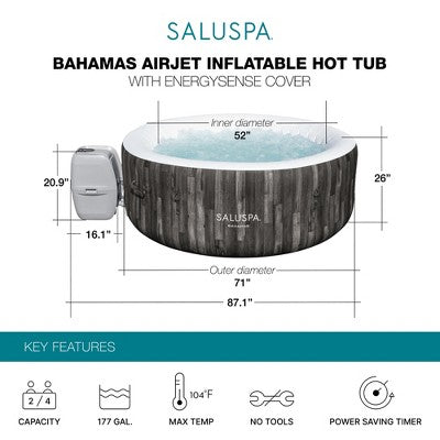  Bestway SaluSpa Bahamas 2-4 Person Inflatable Hot Tub, Round Energy-Efficient Portable Spa With 120 AirJets, 71" X 26"